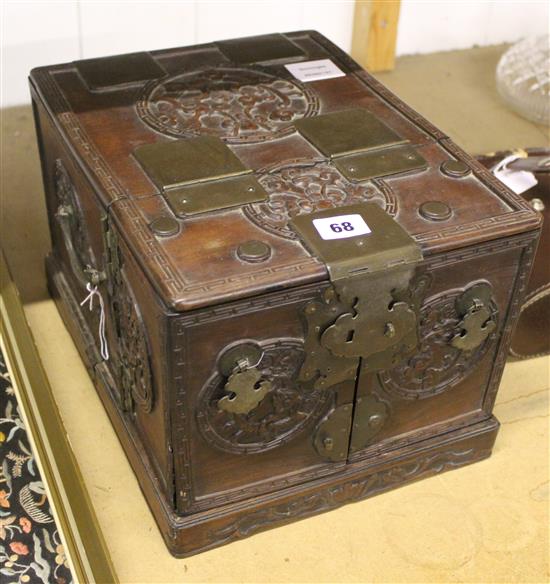Chinese rosewood & brass jewellery box relief carved with dragon medallions